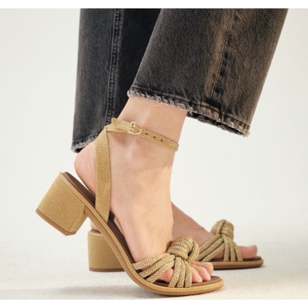 Rothy's Tie The Knot Golden Sun Shimmer Sz 9 Knotted Ankle Strap Block Heel NEW